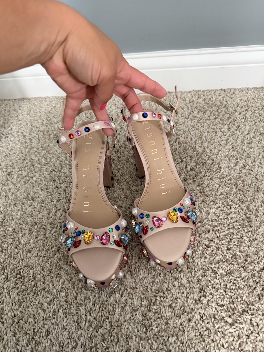 Nude Jeweled Platform Block Heels - Women's - Picture 4 of 7
